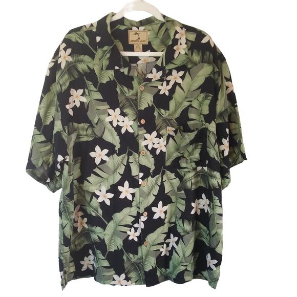 Jamaica Jaxx Silk Hawaiian Shirt Mens XL Black Palm Floral Tropical Resort Beach - Picture 1 of 12
